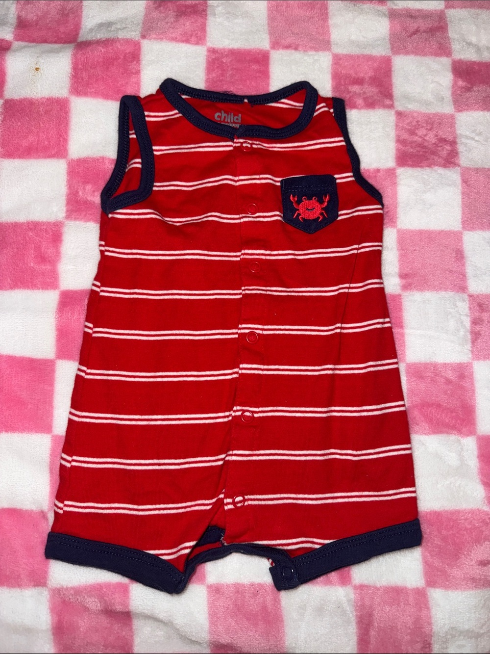 Child of Mine Red Striped Baby Romper with Crab Pocket